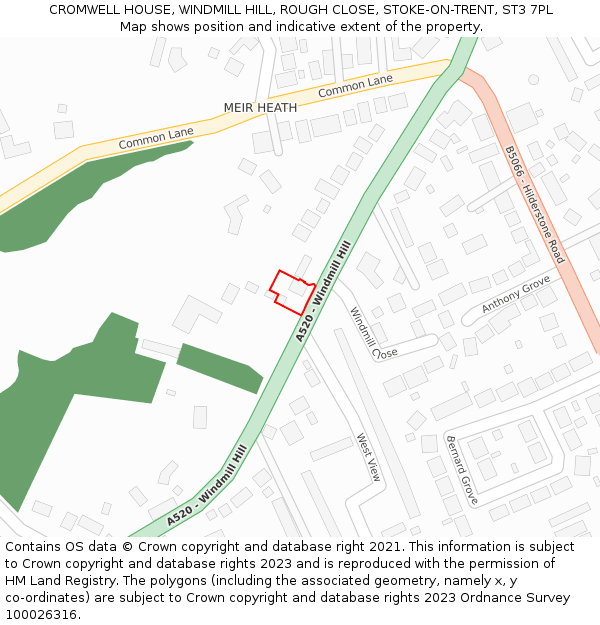 CROMWELL HOUSE, WINDMILL HILL, ROUGH CLOSE, STOKE-ON-TRENT, ST3 7PL: Location map and indicative extent of plot