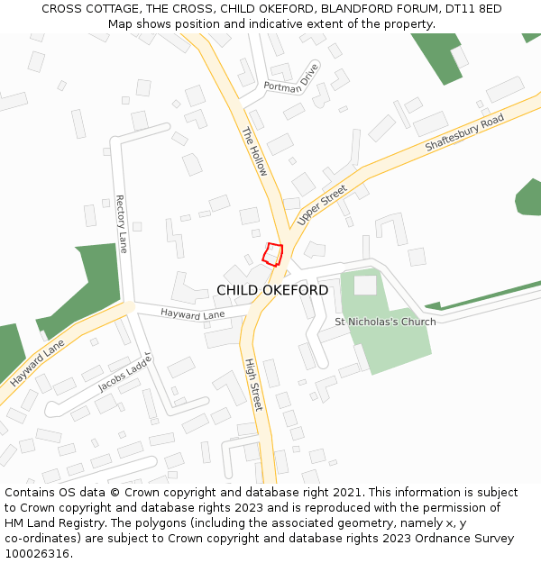 CROSS COTTAGE, THE CROSS, CHILD OKEFORD, BLANDFORD FORUM, DT11 8ED: Location map and indicative extent of plot