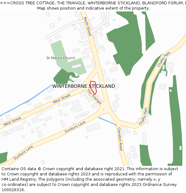 CROSS TREE COTTAGE, THE TRIANGLE, WINTERBORNE STICKLAND, BLANDFORD FORUM, DT11 0NW: Location map and indicative extent of plot