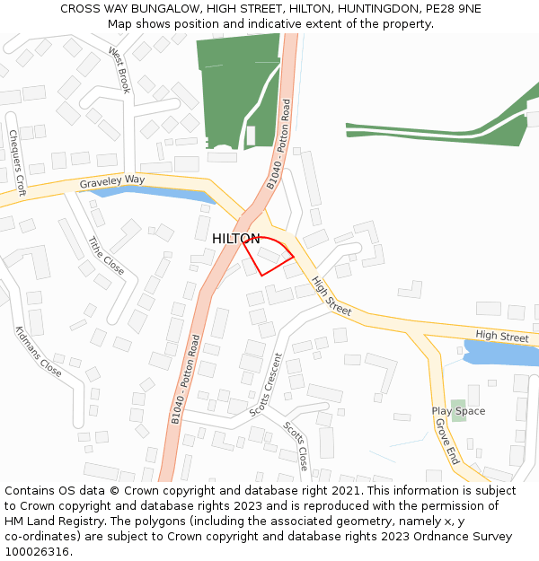 CROSS WAY BUNGALOW, HIGH STREET, HILTON, HUNTINGDON, PE28 9NE: Location map and indicative extent of plot