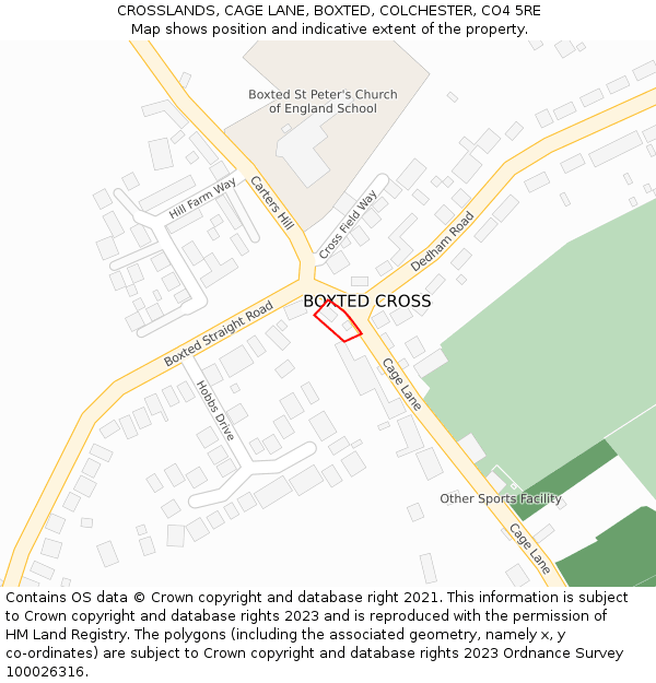 CROSSLANDS, CAGE LANE, BOXTED, COLCHESTER, CO4 5RE: Location map and indicative extent of plot