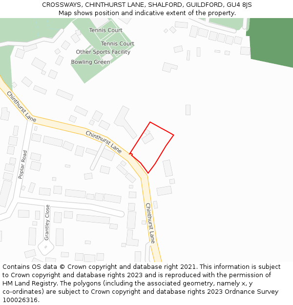 CROSSWAYS, CHINTHURST LANE, SHALFORD, GUILDFORD, GU4 8JS: Location map and indicative extent of plot