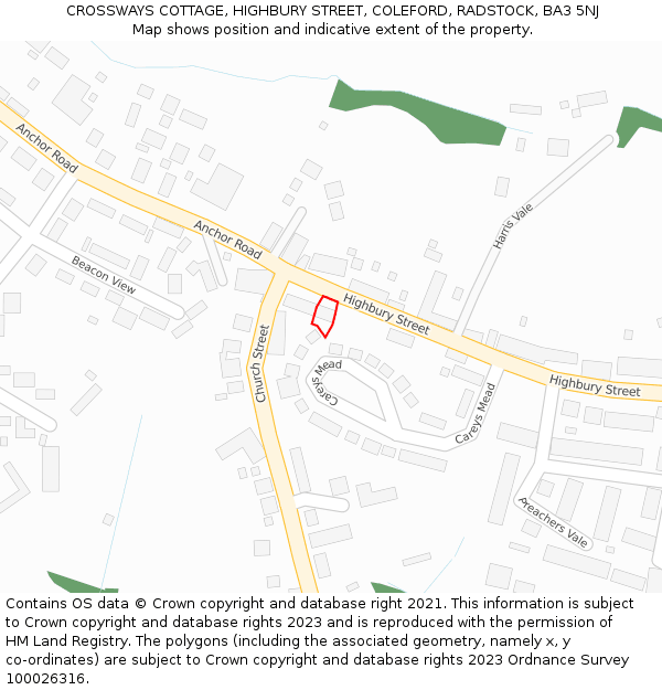 CROSSWAYS COTTAGE, HIGHBURY STREET, COLEFORD, RADSTOCK, BA3 5NJ: Location map and indicative extent of plot