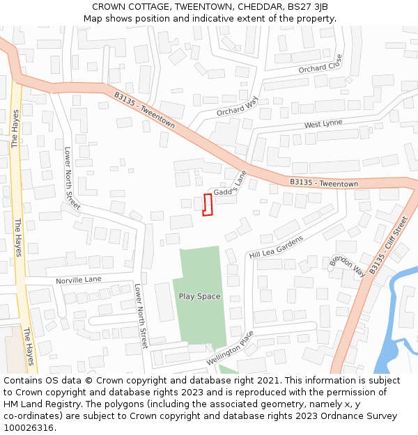 CROWN COTTAGE, TWEENTOWN, CHEDDAR, BS27 3JB: Location map and indicative extent of plot