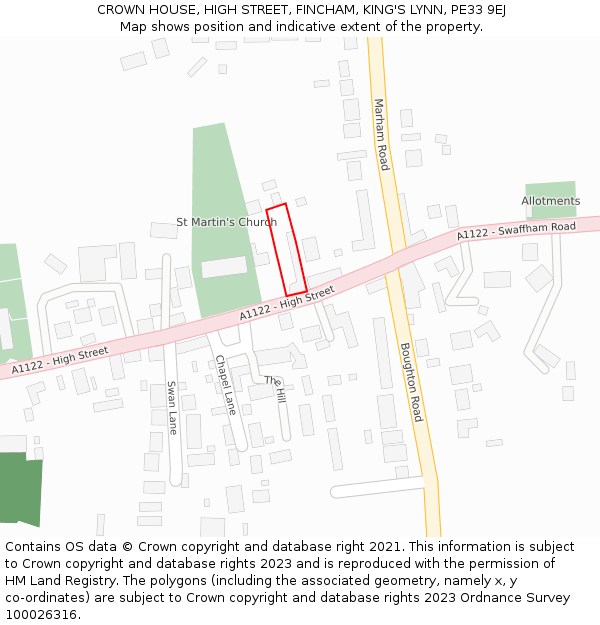 CROWN HOUSE, HIGH STREET, FINCHAM, KING'S LYNN, PE33 9EJ: Location map and indicative extent of plot