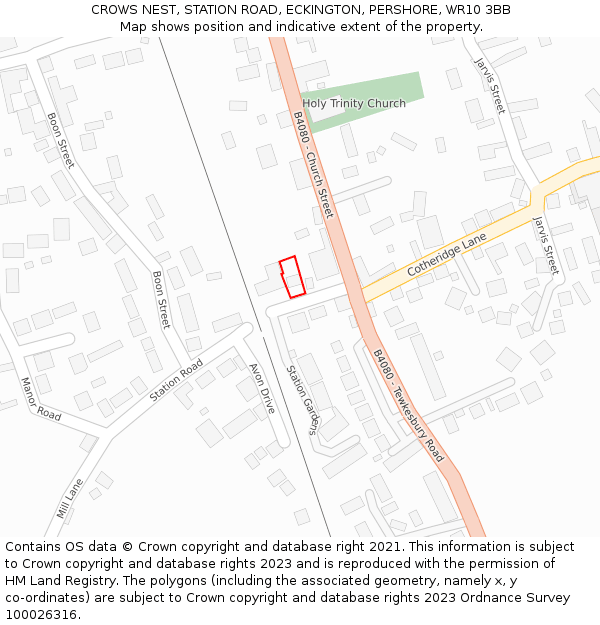 CROWS NEST, STATION ROAD, ECKINGTON, PERSHORE, WR10 3BB: Location map and indicative extent of plot
