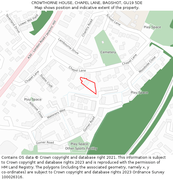 CROWTHORNE HOUSE, CHAPEL LANE, BAGSHOT, GU19 5DE: Location map and indicative extent of plot