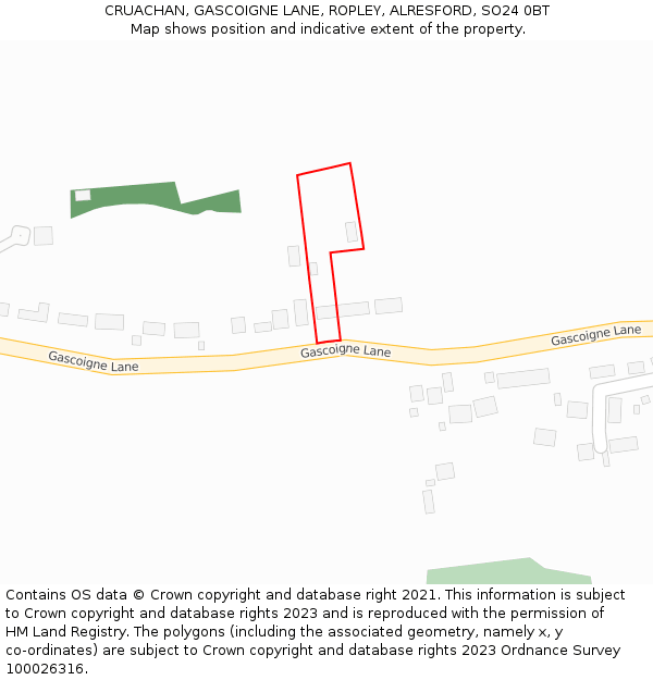 CRUACHAN, GASCOIGNE LANE, ROPLEY, ALRESFORD, SO24 0BT: Location map and indicative extent of plot