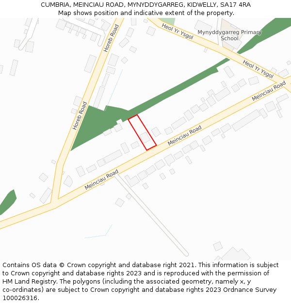 CUMBRIA, MEINCIAU ROAD, MYNYDDYGARREG, KIDWELLY, SA17 4RA: Location map and indicative extent of plot