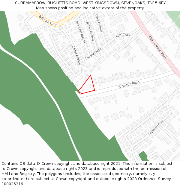 CURRAMARROW, RUSHETTS ROAD, WEST KINGSDOWN, SEVENOAKS, TN15 6EY: Location map and indicative extent of plot