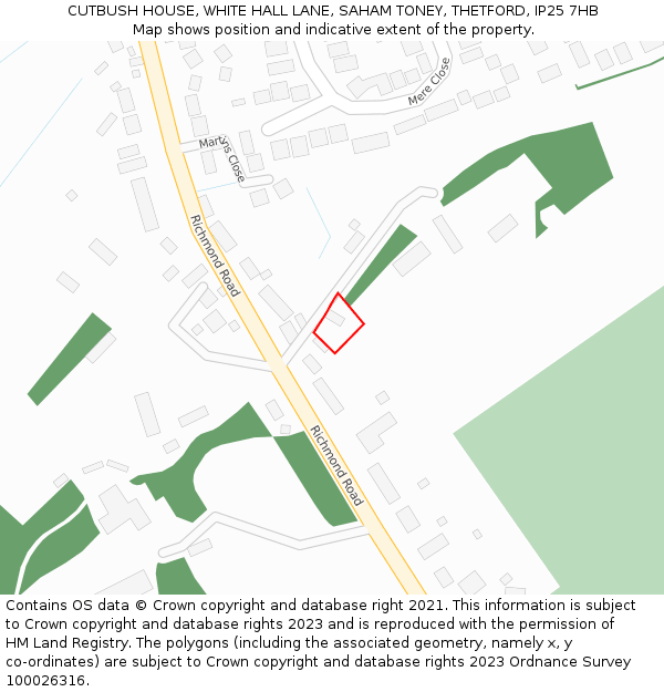 CUTBUSH HOUSE, WHITE HALL LANE, SAHAM TONEY, THETFORD, IP25 7HB: Location map and indicative extent of plot