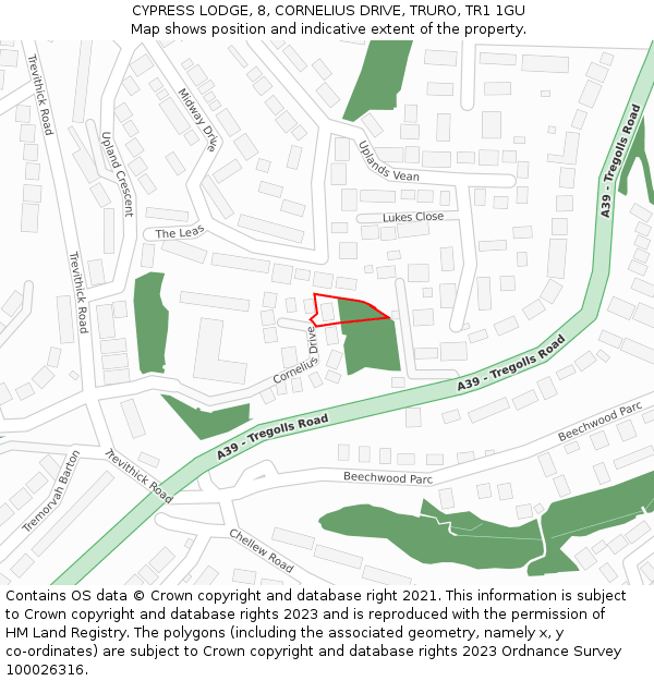 CYPRESS LODGE, 8, CORNELIUS DRIVE, TRURO, TR1 1GU: Location map and indicative extent of plot