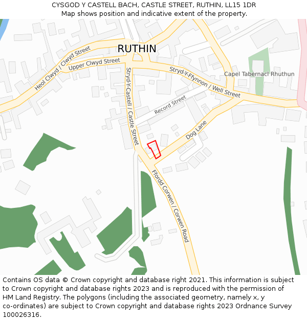 CYSGOD Y CASTELL BACH, CASTLE STREET, RUTHIN, LL15 1DR: Location map and indicative extent of plot