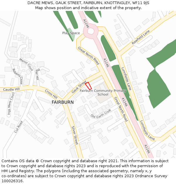 DACRE MEWS, GAUK STREET, FAIRBURN, KNOTTINGLEY, WF11 9JS: Location map and indicative extent of plot