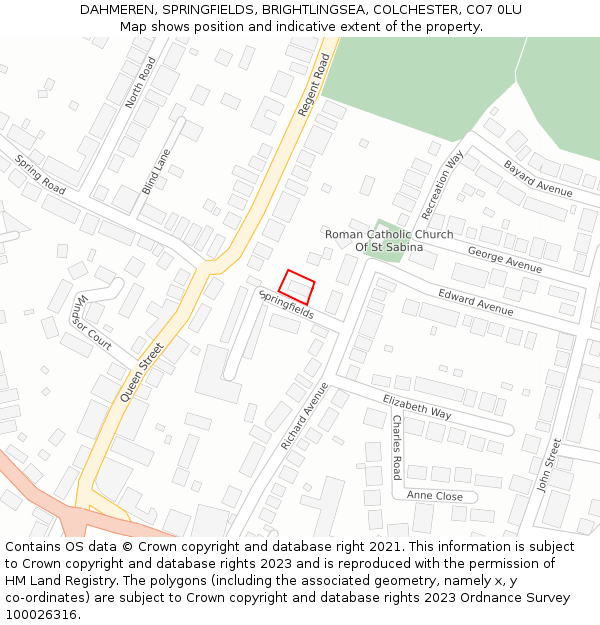 DAHMEREN, SPRINGFIELDS, BRIGHTLINGSEA, COLCHESTER, CO7 0LU: Location map and indicative extent of plot