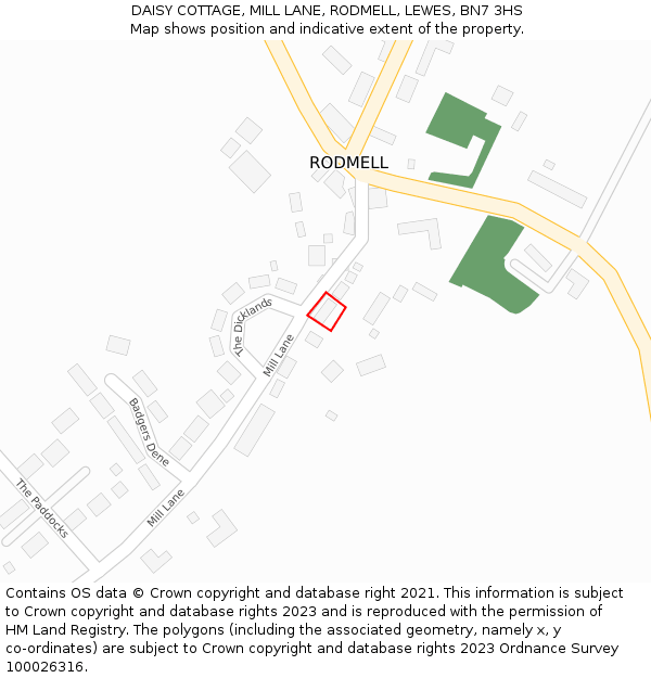 DAISY COTTAGE, MILL LANE, RODMELL, LEWES, BN7 3HS: Location map and indicative extent of plot