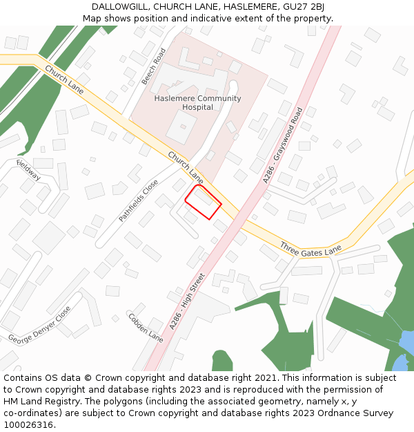 DALLOWGILL, CHURCH LANE, HASLEMERE, GU27 2BJ: Location map and indicative extent of plot