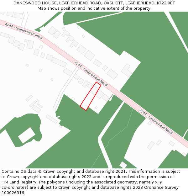 DANESWOOD HOUSE, LEATHERHEAD ROAD, OXSHOTT, LEATHERHEAD, KT22 0ET: Location map and indicative extent of plot