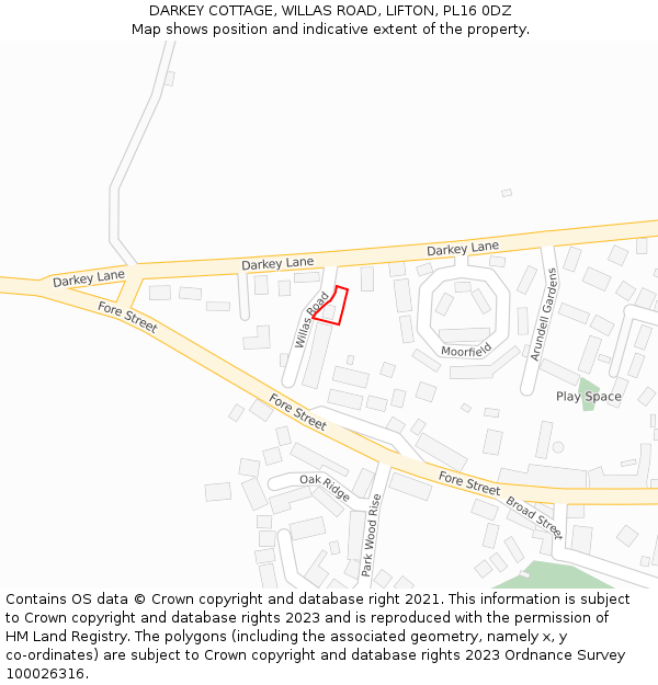 DARKEY COTTAGE, WILLAS ROAD, LIFTON, PL16 0DZ: Location map and indicative extent of plot