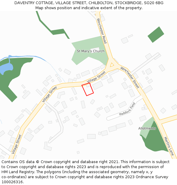 DAVENTRY COTTAGE, VILLAGE STREET, CHILBOLTON, STOCKBRIDGE, SO20 6BG: Location map and indicative extent of plot