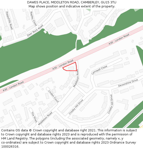 DAWES PLACE, MIDDLETON ROAD, CAMBERLEY, GU15 3TU: Location map and indicative extent of plot
