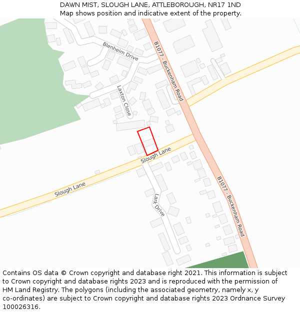 DAWN MIST, SLOUGH LANE, ATTLEBOROUGH, NR17 1ND: Location map and indicative extent of plot