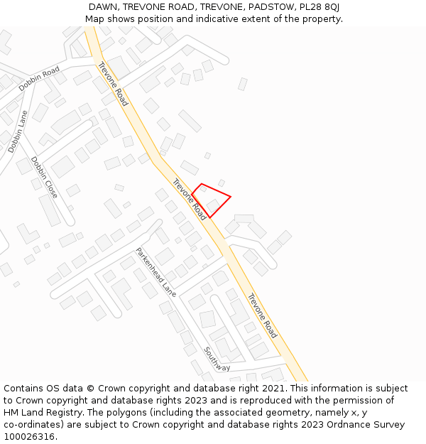 DAWN, TREVONE ROAD, TREVONE, PADSTOW, PL28 8QJ: Location map and indicative extent of plot