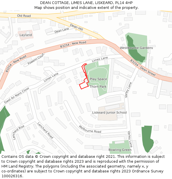 DEAN COTTAGE, LIMES LANE, LISKEARD, PL14 4HP: Location map and indicative extent of plot