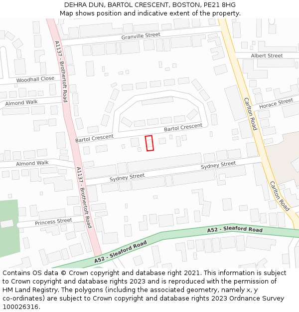 DEHRA DUN, BARTOL CRESCENT, BOSTON, PE21 8HG: Location map and indicative extent of plot