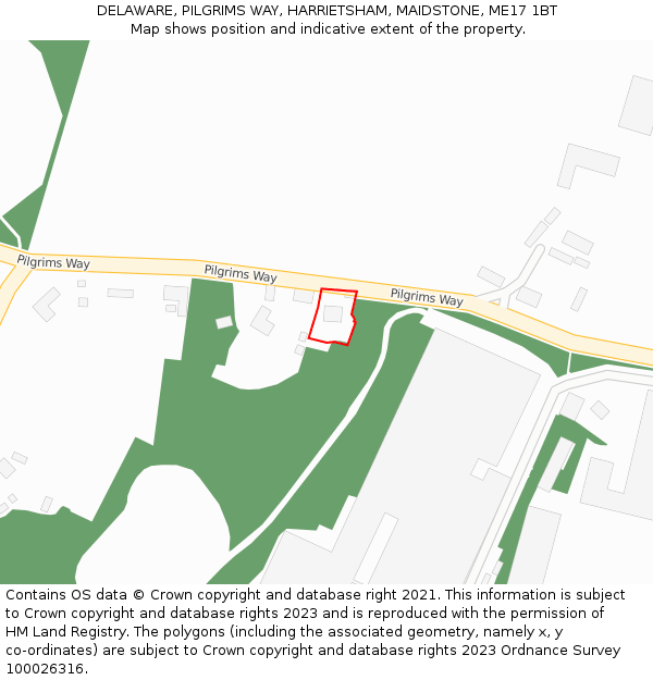 DELAWARE, PILGRIMS WAY, HARRIETSHAM, MAIDSTONE, ME17 1BT: Location map and indicative extent of plot