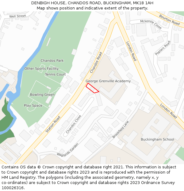DENBIGH HOUSE, CHANDOS ROAD, BUCKINGHAM, MK18 1AH: Location map and indicative extent of plot