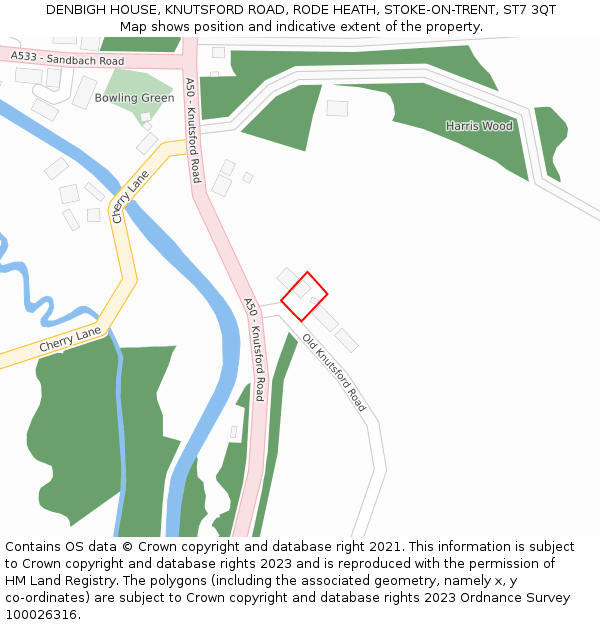 DENBIGH HOUSE, KNUTSFORD ROAD, RODE HEATH, STOKE-ON-TRENT, ST7 3QT: Location map and indicative extent of plot