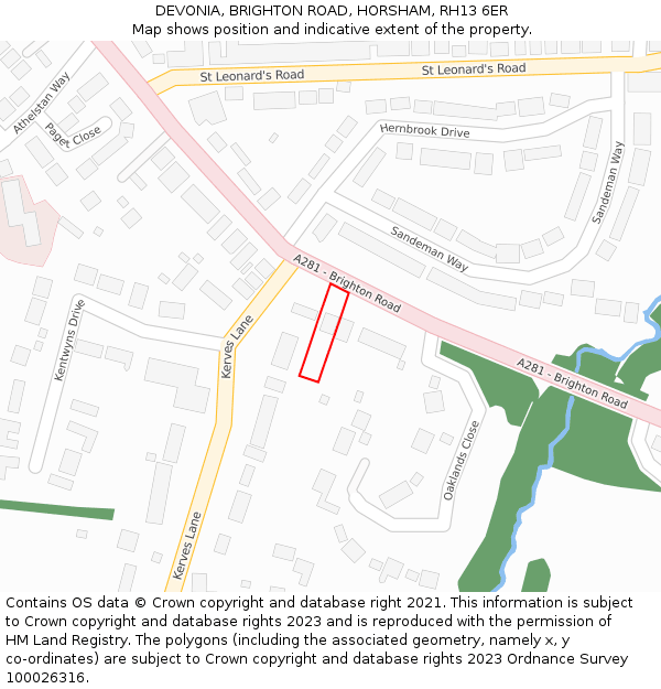 DEVONIA, BRIGHTON ROAD, HORSHAM, RH13 6ER: Location map and indicative extent of plot