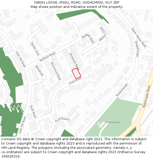 DIBON LODGE, KNOLL ROAD, GODALMING, GU7 2EP: Location map and indicative extent of plot