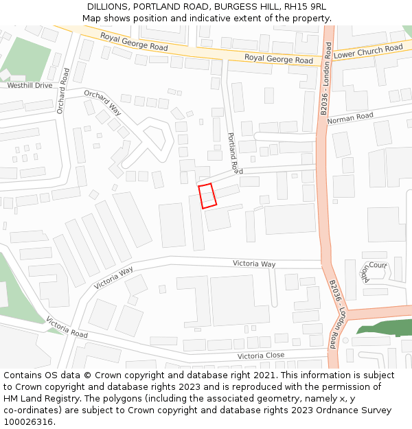 DILLIONS, PORTLAND ROAD, BURGESS HILL, RH15 9RL: Location map and indicative extent of plot