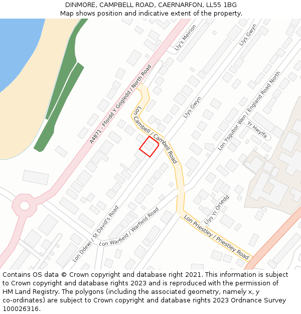 DINMORE, CAMPBELL ROAD, CAERNARFON, LL55 1BG: Location map and indicative extent of plot