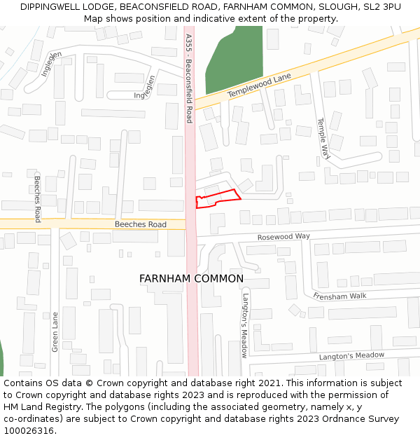 DIPPINGWELL LODGE, BEACONSFIELD ROAD, FARNHAM COMMON, SLOUGH, SL2 3PU: Location map and indicative extent of plot
