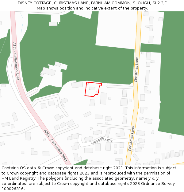 DISNEY COTTAGE, CHRISTMAS LANE, FARNHAM COMMON, SLOUGH, SL2 3JE: Location map and indicative extent of plot