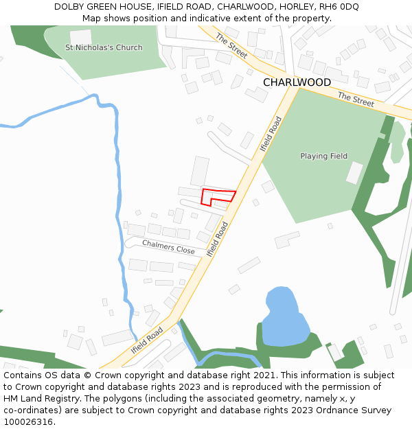 DOLBY GREEN HOUSE, IFIELD ROAD, CHARLWOOD, HORLEY, RH6 0DQ: Location map and indicative extent of plot