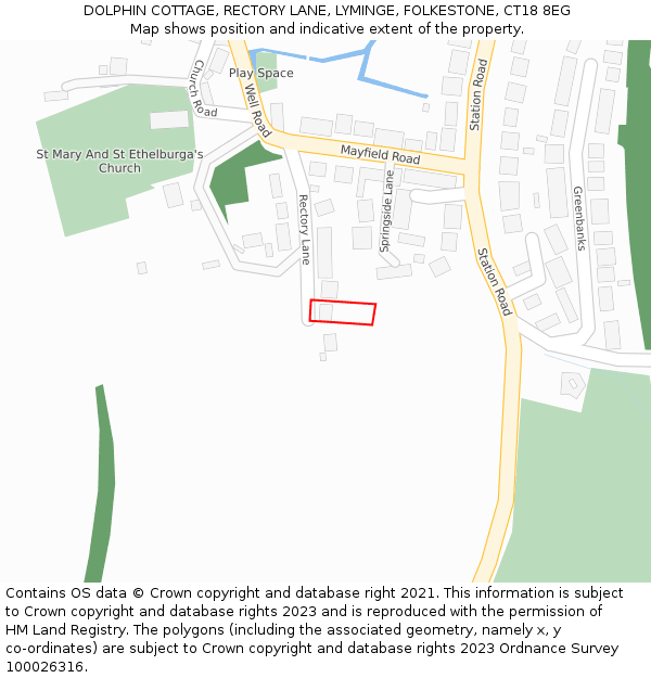 DOLPHIN COTTAGE, RECTORY LANE, LYMINGE, FOLKESTONE, CT18 8EG: Location map and indicative extent of plot