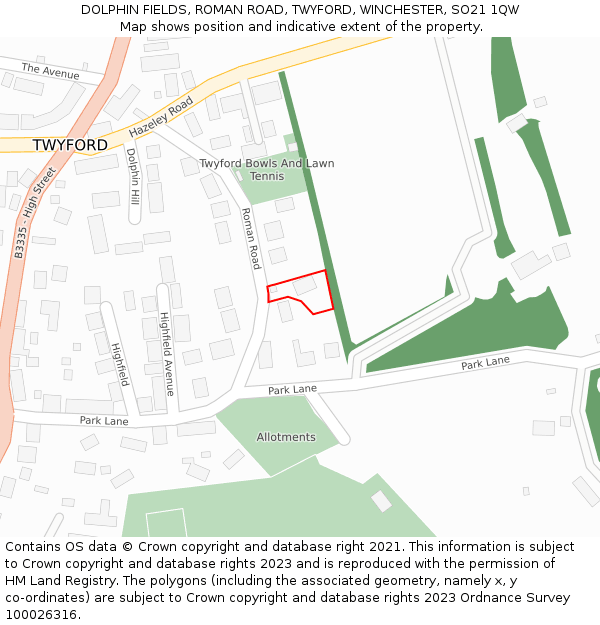 DOLPHIN FIELDS, ROMAN ROAD, TWYFORD, WINCHESTER, SO21 1QW: Location map and indicative extent of plot