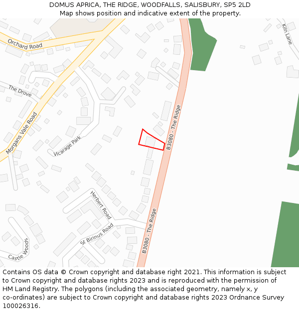 DOMUS APRICA, THE RIDGE, WOODFALLS, SALISBURY, SP5 2LD: Location map and indicative extent of plot