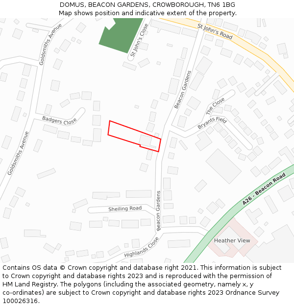 DOMUS, BEACON GARDENS, CROWBOROUGH, TN6 1BG: Location map and indicative extent of plot