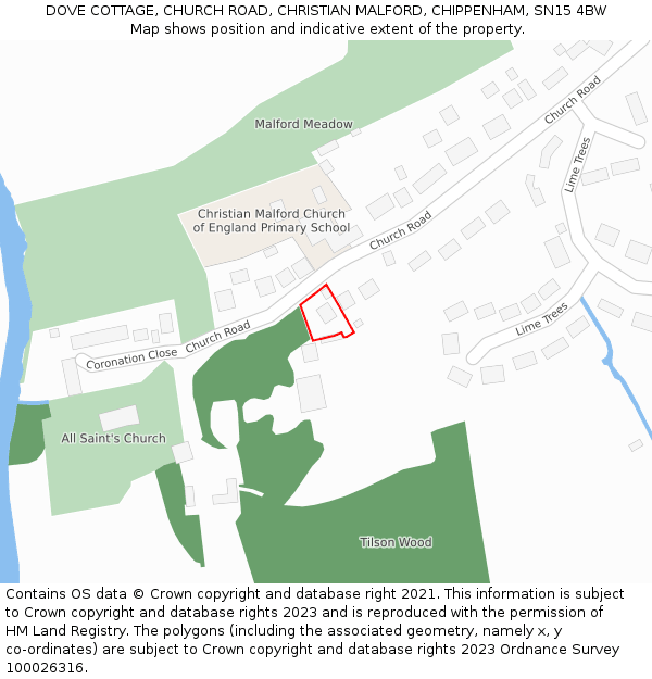 DOVE COTTAGE, CHURCH ROAD, CHRISTIAN MALFORD, CHIPPENHAM, SN15 4BW: Location map and indicative extent of plot