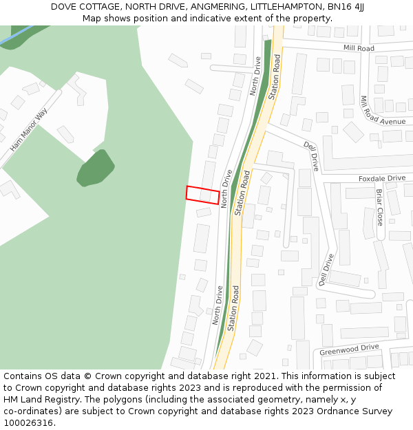 DOVE COTTAGE, NORTH DRIVE, ANGMERING, LITTLEHAMPTON, BN16 4JJ: Location map and indicative extent of plot