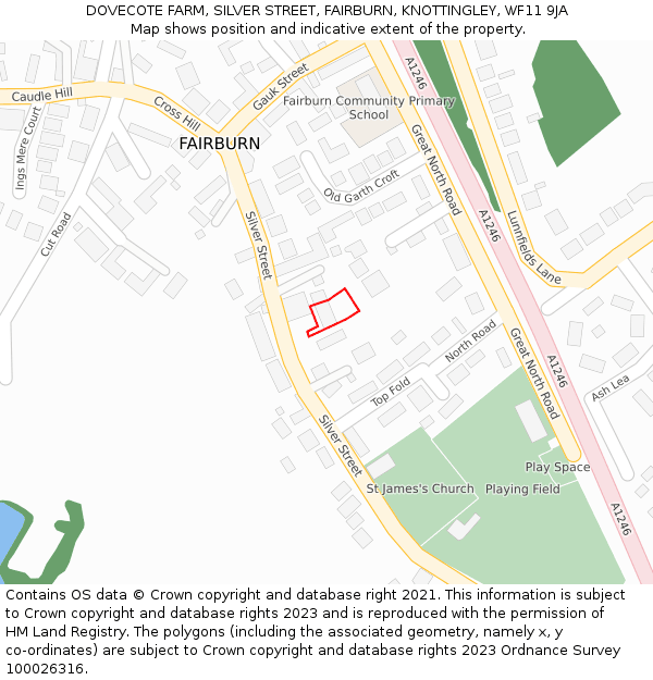 DOVECOTE FARM, SILVER STREET, FAIRBURN, KNOTTINGLEY, WF11 9JA: Location map and indicative extent of plot