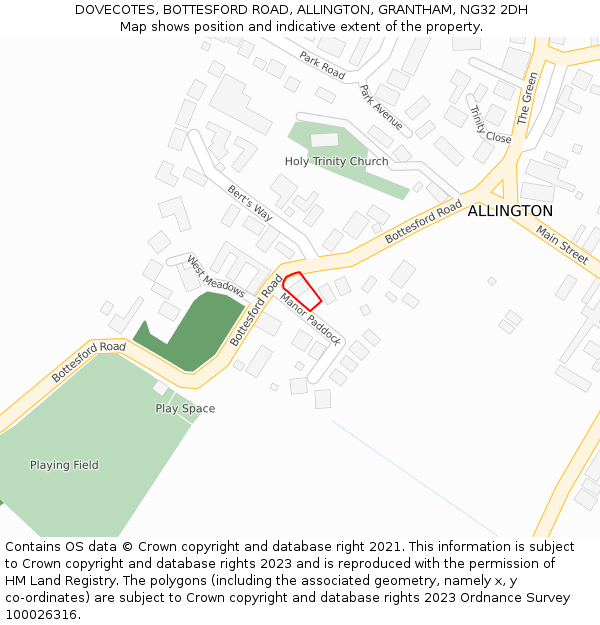 DOVECOTES, BOTTESFORD ROAD, ALLINGTON, GRANTHAM, NG32 2DH: Location map and indicative extent of plot