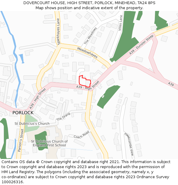 DOVERCOURT HOUSE, HIGH STREET, PORLOCK, MINEHEAD, TA24 8PS: Location map and indicative extent of plot