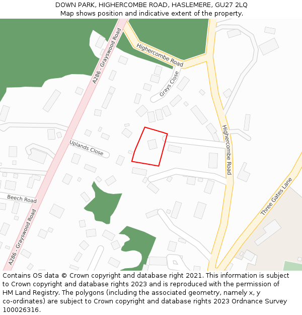 DOWN PARK, HIGHERCOMBE ROAD, HASLEMERE, GU27 2LQ: Location map and indicative extent of plot