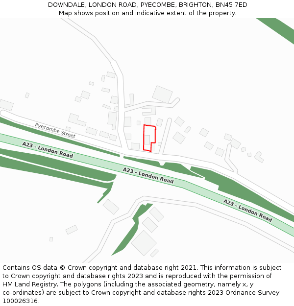 DOWNDALE, LONDON ROAD, PYECOMBE, BRIGHTON, BN45 7ED: Location map and indicative extent of plot